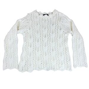 SML Sport Womens Sweater White Cotton Pointelle‎ Knit Made in USA Vintage EUC